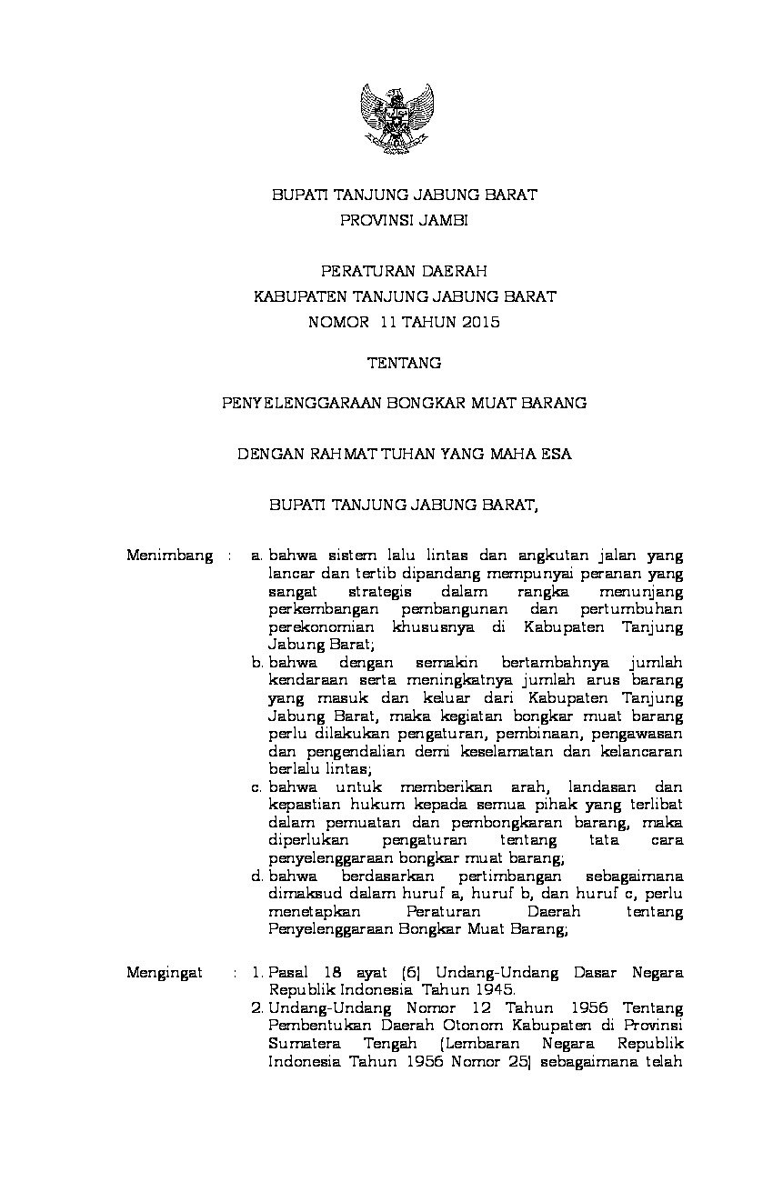 Peraturan Daerah Kab. Tanjung Jabung Barat No 11 tahun 2015 tentang Penyelenggaraan Bongkar Muat Barang