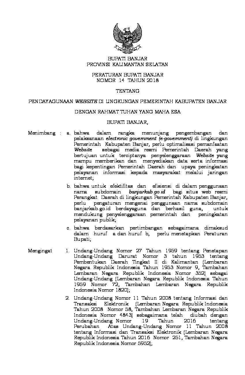 Peraturan Bupati Banjar No 14 tahun 2018 tentang Pendayagunaan Website di Lingkungan Pemerintah Kabupaten Banjar