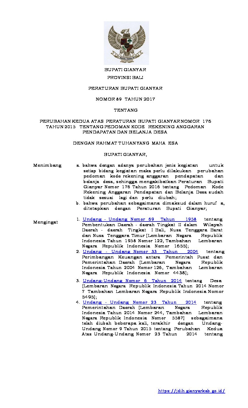 Peraturan Bupati Gianyar No 89 tahun 2017 tentang Perubahan Kedua Atas Peraturan Bupati Gianyar Nomor 176 Tahun 2015 tentang Pedoman Kode Rekening Anggaran Pendapatan dan Belanja Desa