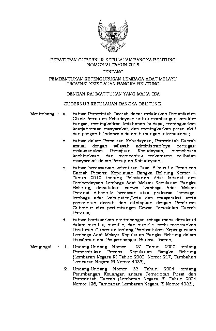 Peraturan Gubernur Bangka Belitung No 21 tahun 2018 tentang Pembentukan Kepengurusan Lembaga Adat Melayu Provinsi Kepulauan Bangka Belitung