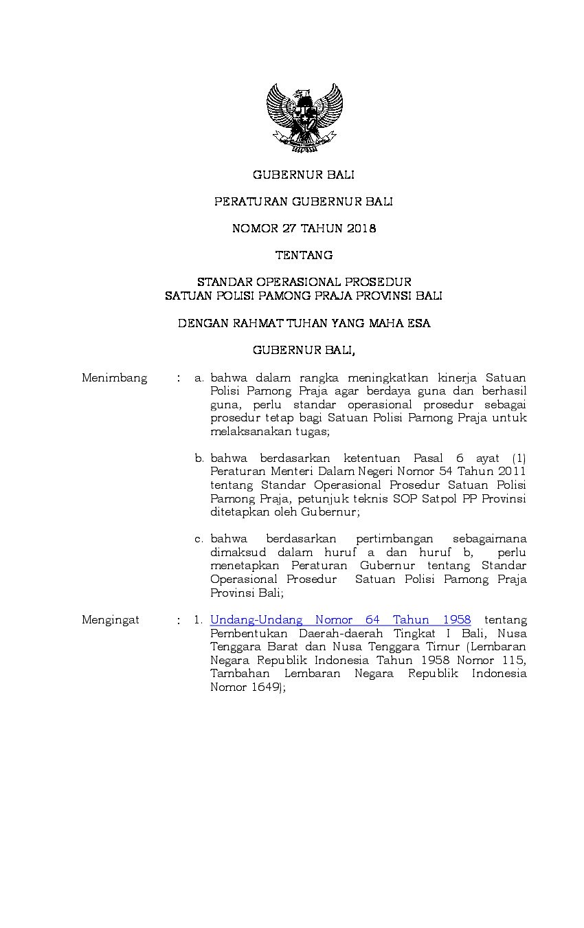 Peraturan Gubernur Bali No 27 tahun 2018 tentang Standar Operasional Prosedur Satuan Polisi Pamong Praja Provinsi Bali