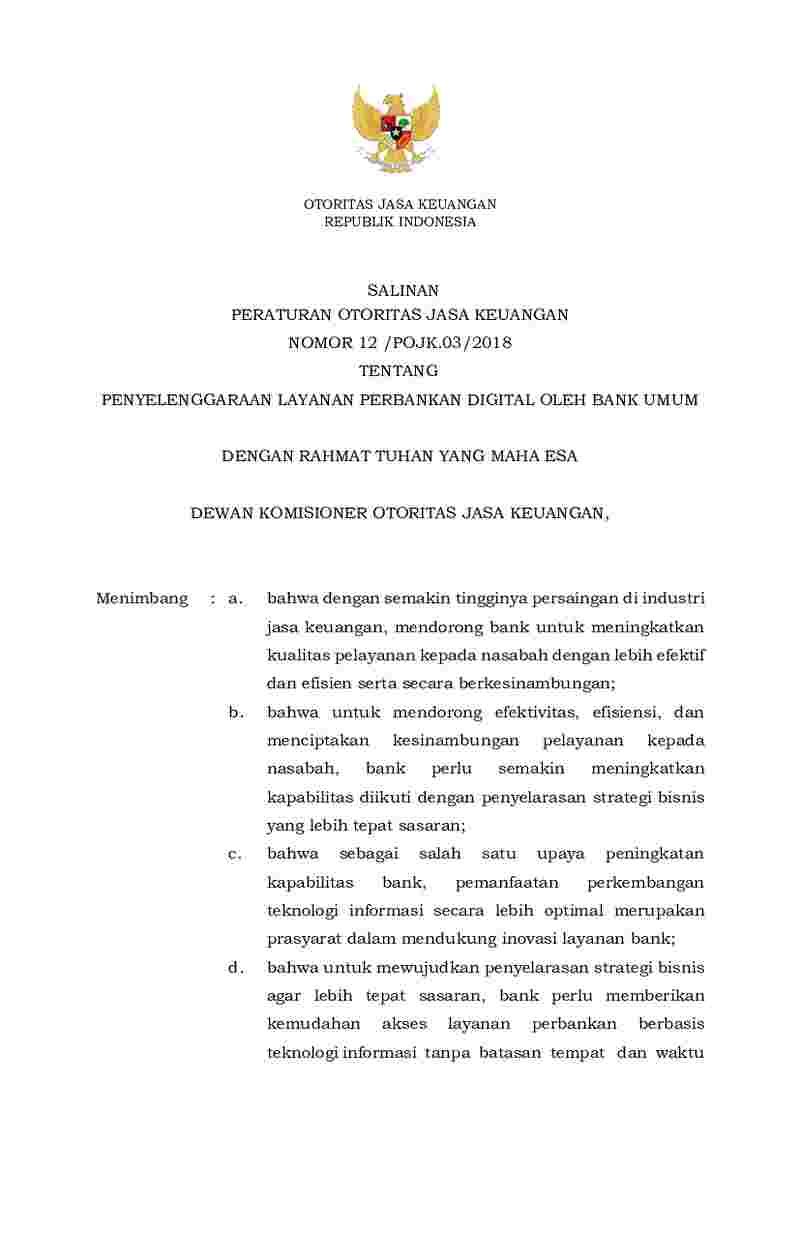 Peraturan Otoritas Jasa Keuangan No 12/POJK.03/2018 Tahun 2018 Tentang ...