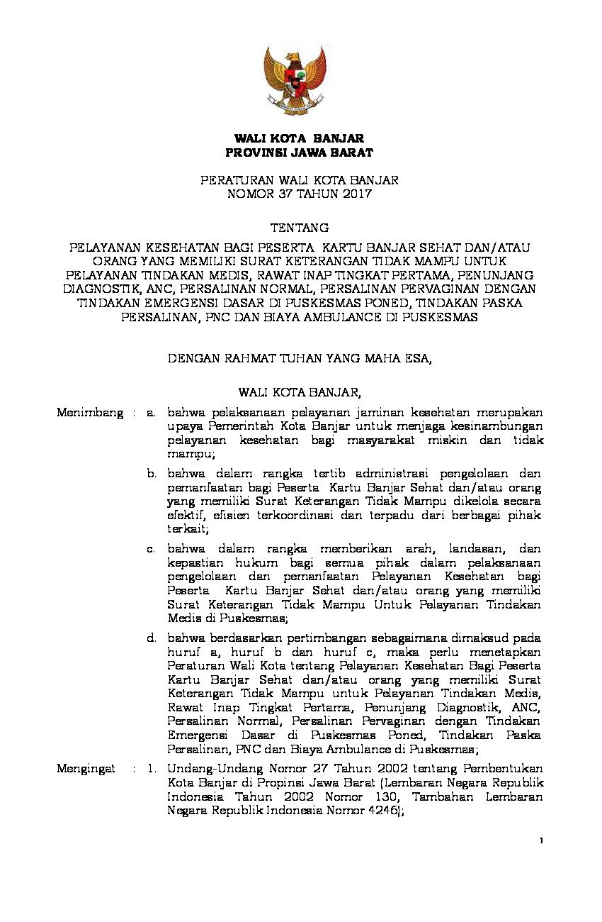 Peraturan Walikota Banjar No 37 Tahun 2017 Tentang Pelayanan