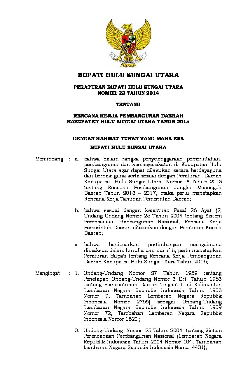 Peraturan Bupati Hulu Sungai Utara No 23 tahun 2014 tentang Rencana Kerja Pembangunan Daerah Kabupaten Hulu Sungai Utara Tahun 2015