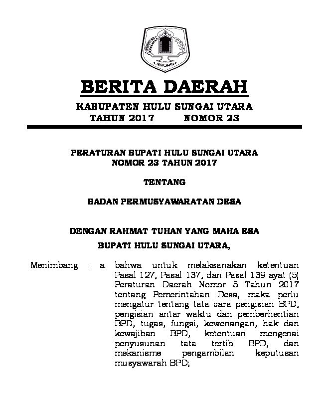 Peraturan Bupati Hulu Sungai Utara No 23 tahun 2017 tentang Badan Permusyawaratan Desa