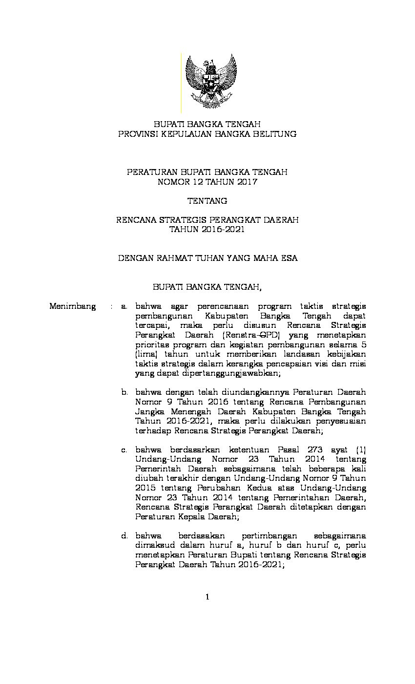 Peraturan Bupati Bangka Tengah No 12 tahun 2017 tentang Rencana Strategis Perangkat Daerah Tahun 2016-2021