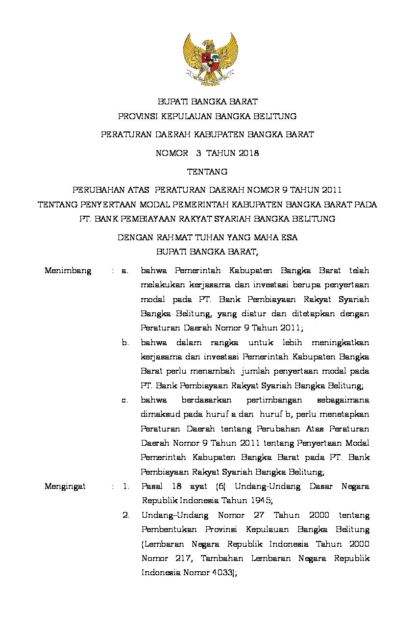 Peraturan Daerah Kab. Bangka Barat No 3 tahun 2018 tentang Perubahan Atas Peraturan Daerah Nomor 9 Tahun 2011 tentang Penyertaan Modal Pemerintah Kabupaten Bangka Barat pada PT Bank Pembiayaan Rakyat Syariah Bangka Belitung