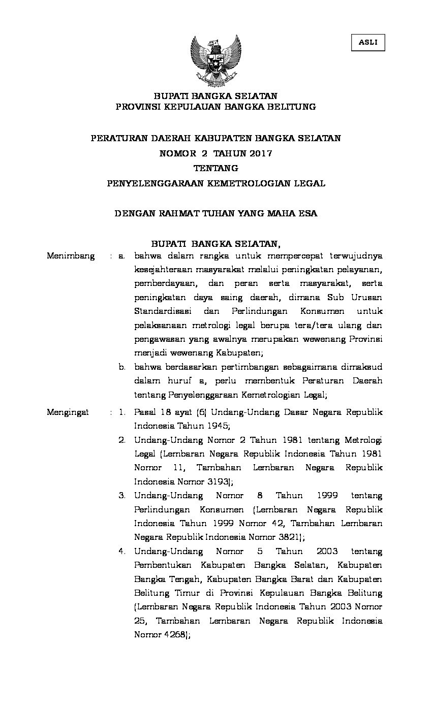 Peraturan Daerah Kab. Bangka Selatan No 2 tahun 2017 tentang Penyelenggaraan Kemetrologian Legal