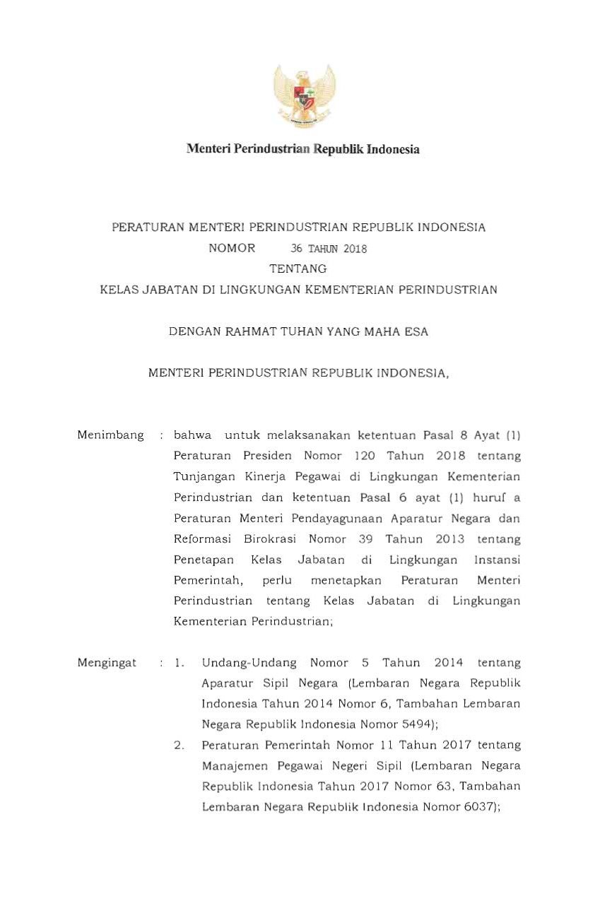 Peraturan Menteri Perindustrian No 36 Tahun 2018 Tentang Kelas Jabatan Di Lingkungan Kementerian 7495