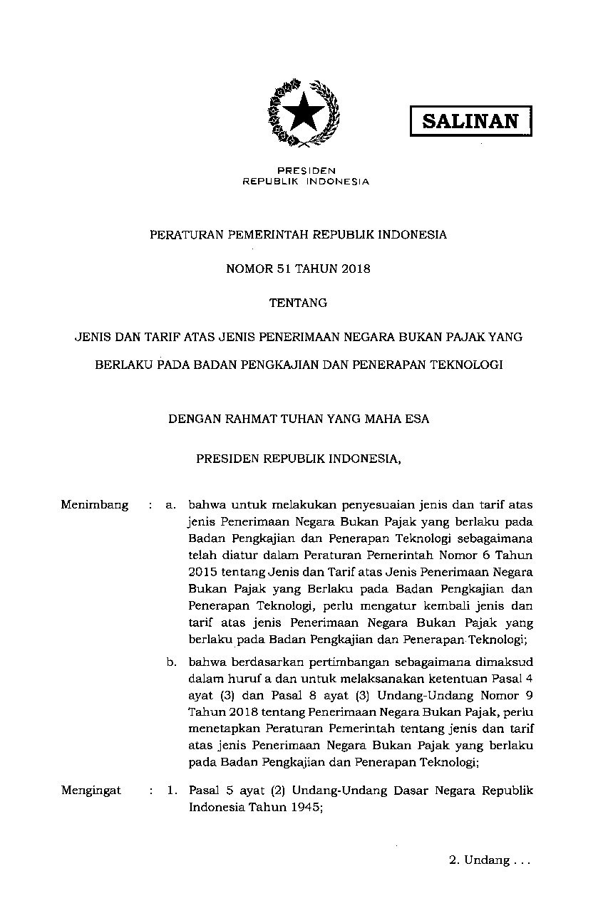 Peraturan Pemerintah No 51 Tahun 2018 Tentang Jenis Dan Tarif Atas ...