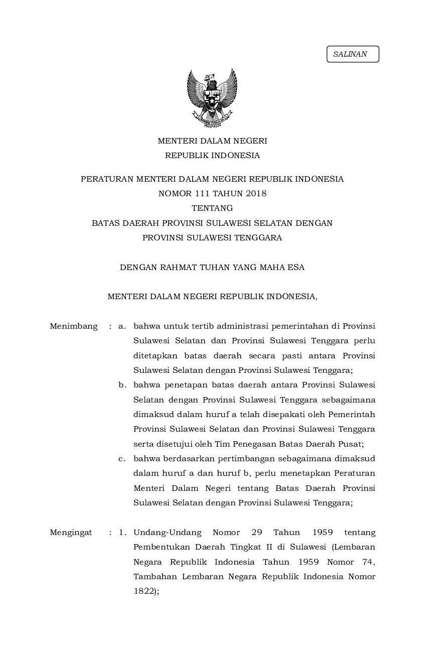 Peraturan Menteri Dalam Negeri No 111 tahun 2018 tentang Batas Daerah Provinsi Sulawesi Selatan dengan Provinsi Sulawesi Tenggara