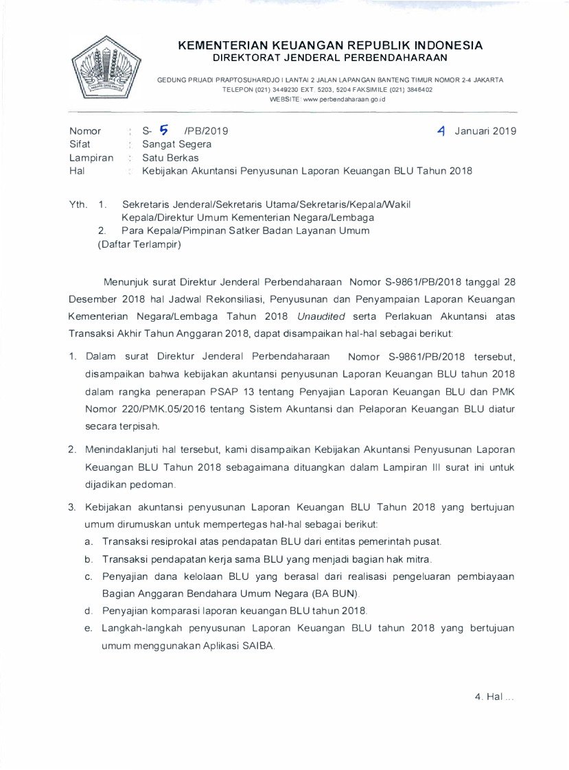 Surat Dirjen Perbendaharaan No S-5/PB/2019 tahun 2019 tentang Kebijakan Akuntansi Penyusunan Laporan Keuangan BLU Tahun 2018