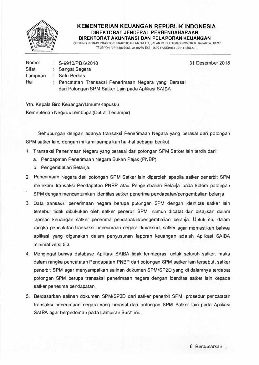 Surat Dirjen Perbendaharaan No S-9910/PB.6/2018 tahun 2018 tentang Pencatatan Transaksi Penerimaan Negara yang Berasal dari Potongan SPM Satker Lain pada Aplikasi SAIBA