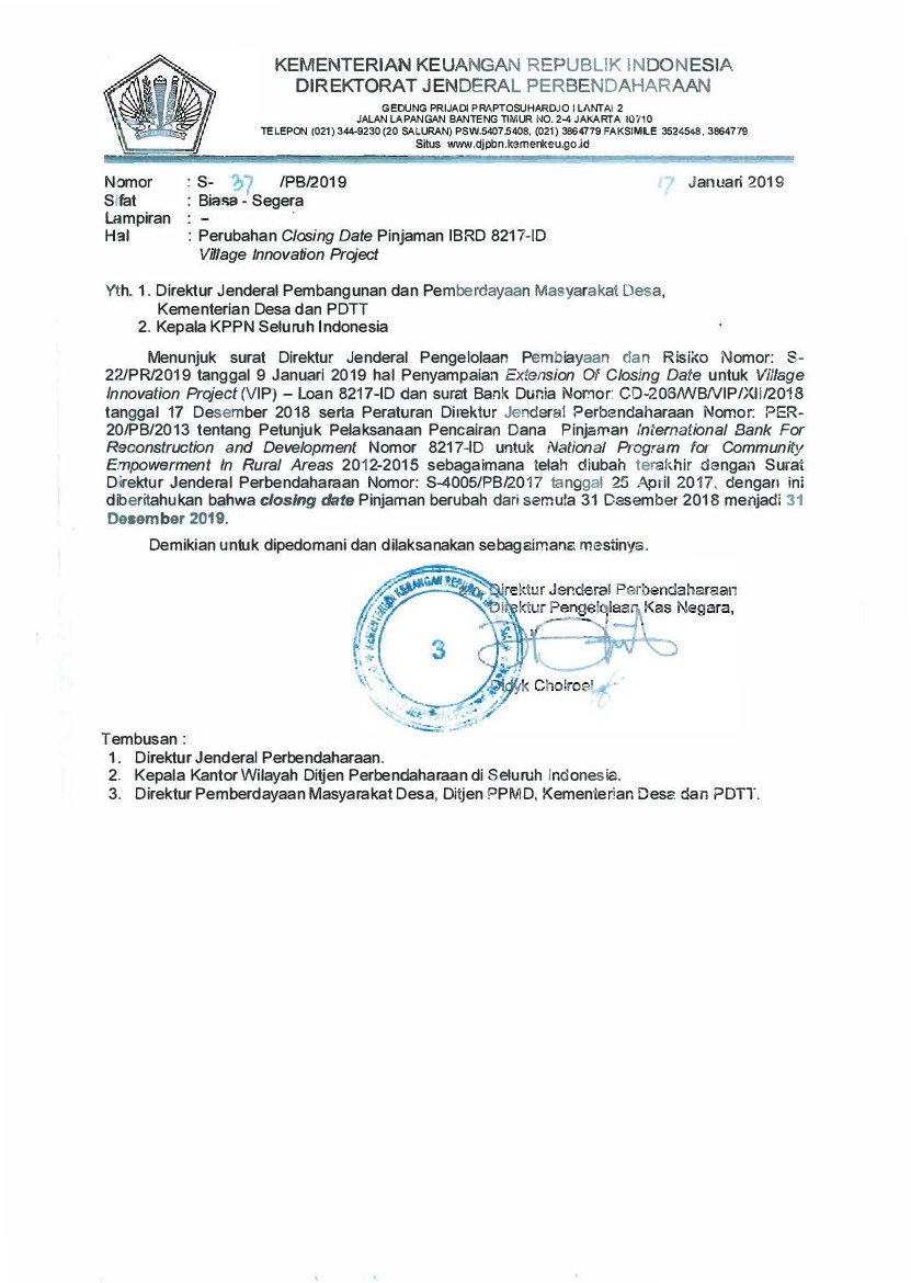 Surat Dirjen Perbendaharaan No S-37/PB/2019 tahun 2019 tentang Perubahan Closing Date Pinjaman IBRD 8217-ID Village Innovation Project