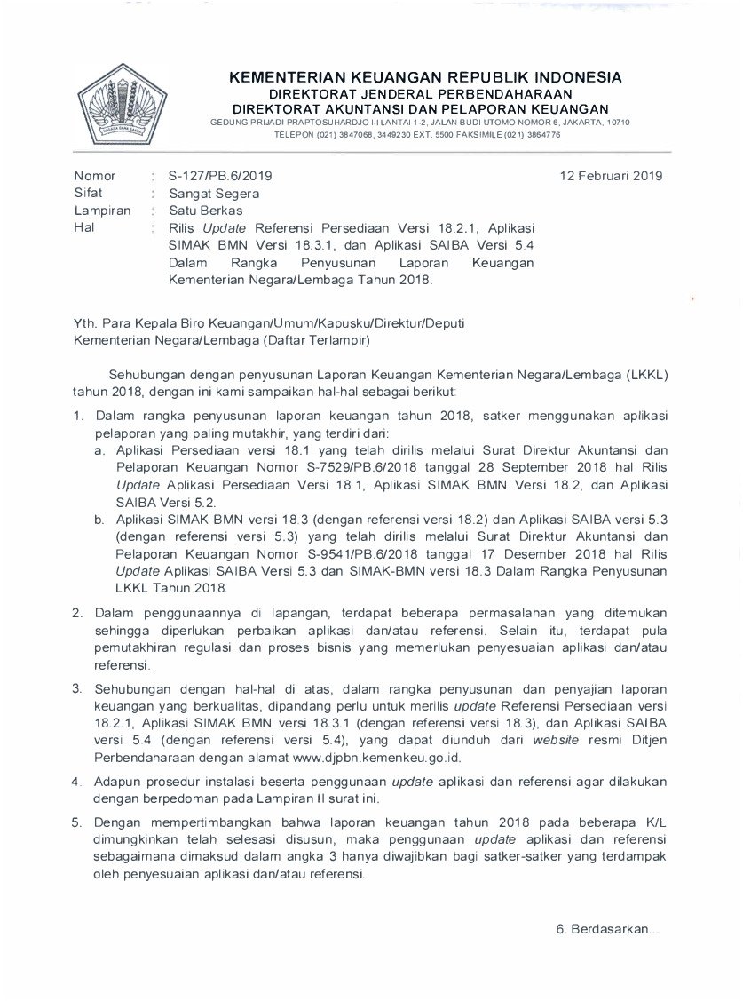 Surat Dirjen Perbendaharaan No S-127/PB.6/2019 tahun 2019 tentang Rilis Update Referensi Persediaan Versi 18.2.1, Aplikasi Simak BMN Versi 18.3.1, dan Aplikasi Saiba Versi 5.4 dalam Rangka Penyusunan Laporan Keuangan Kementerian Negara/Lembaga Tahun 2018