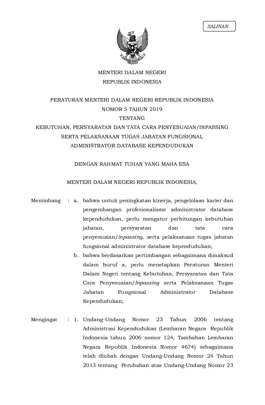 Peraturan Menteri Dalam Negeri No 5 tahun 2019 tentang Kebutuhan, Persyaratan dan Tata Cara Penyesuaian/Inpassing Serta Pelaksanaan Tugas Jabatan Fungsional Administrator Database Kependudukan