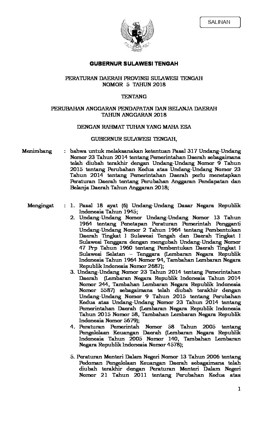 Peraturan Daerah Provinsi Sulawesi Tengah No 5 tahun 2018 tentang Perubahan Anggaran Pendapatan dan Belanja Daerah Tahun Anggaran 2018