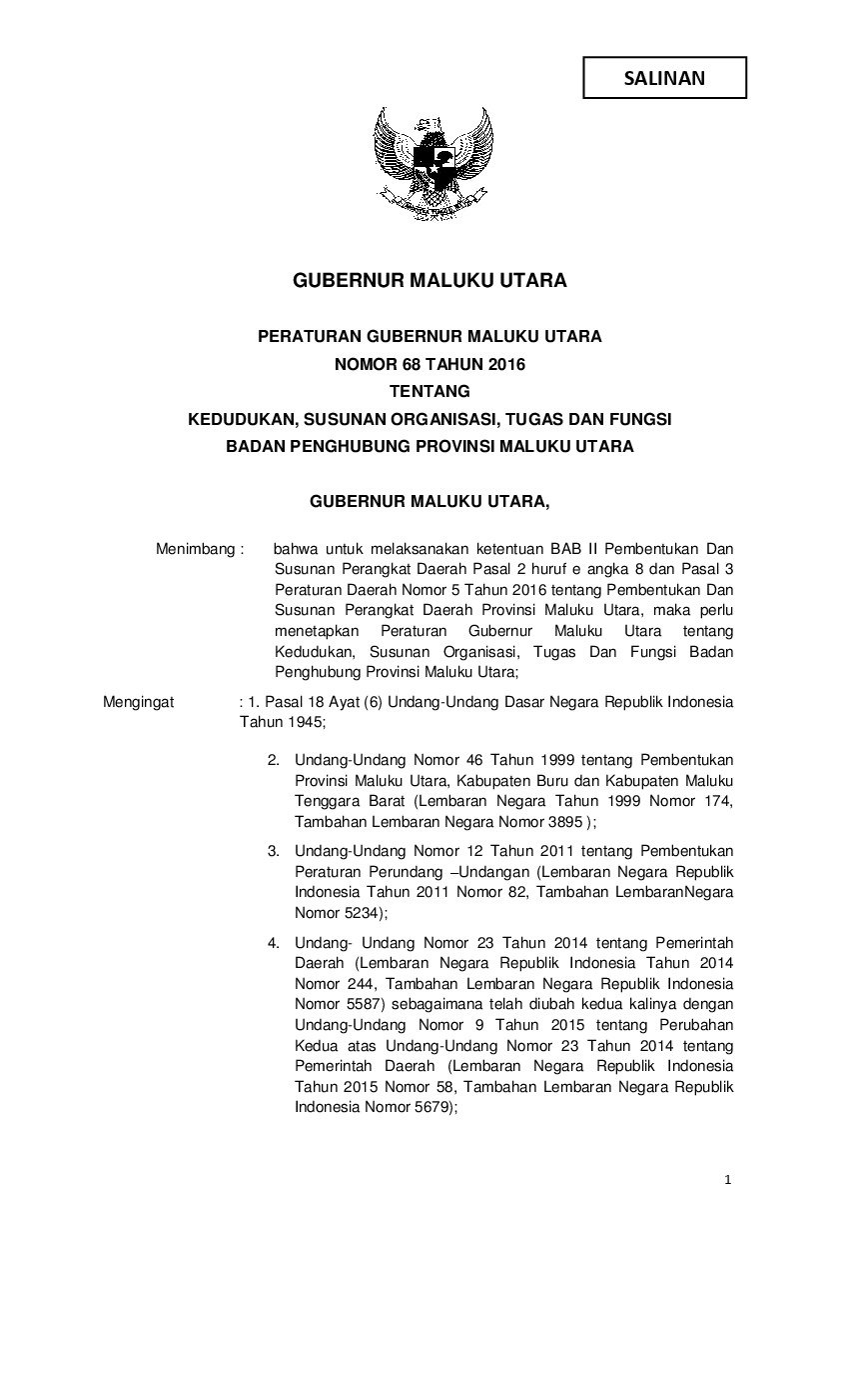 Peraturan Gubernur Maluku Utara No 68 Tahun 2016 Tentang Kedudukan Susunan Organisasi Tugas 0936