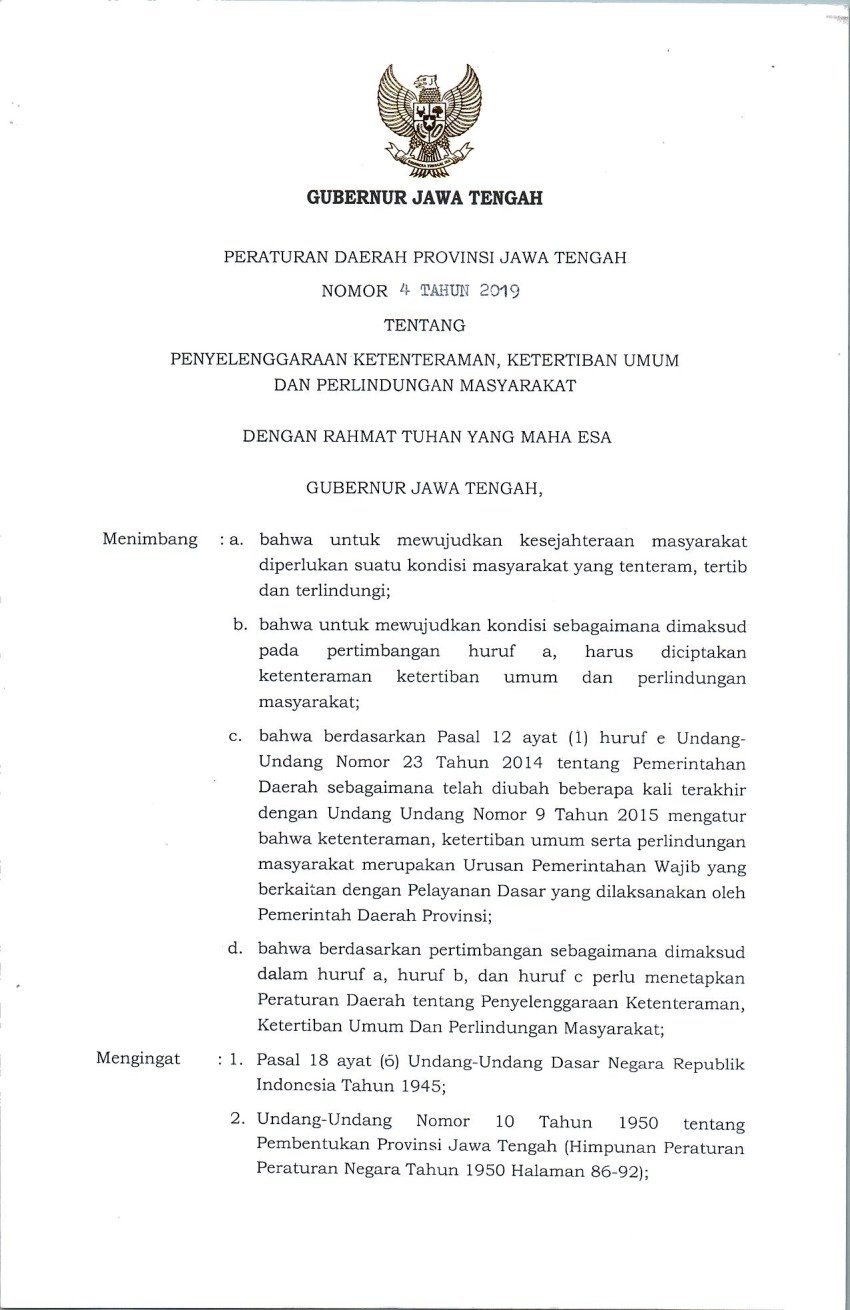 Peraturan Daerah Provinsi Jawa Tengah No 4 tahun 2019 tentang Penyelenggaraan Ketentraman, Ketertiban Umum dan Perlindungan Masyarakat