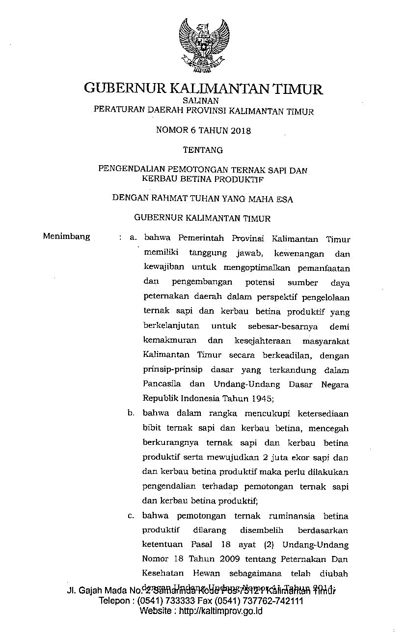 Peraturan Daerah Provinsi Kalimantan Timur No 6 tahun 2018 tentang Pengendalian Pemotongan Ternak Sapi dan Kerbau Betina Produktif