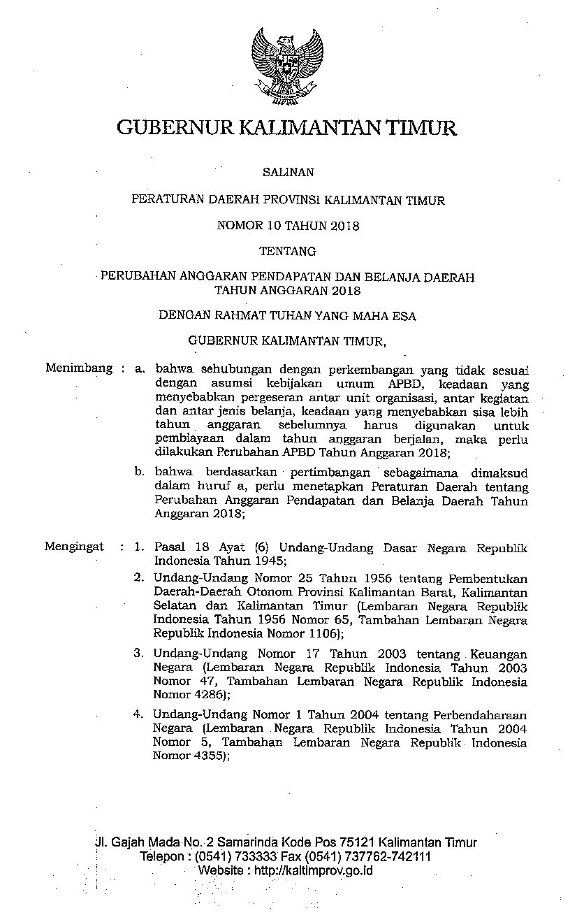 Peraturan Daerah Provinsi Kalimantan Timur No 10 tahun 2018 tentang Perubahan Anggaran Pendapatan dan Belanja Daerah Tahun Anggaran 2018