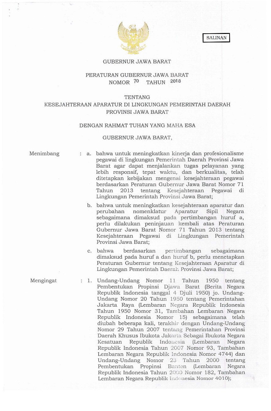 Peraturan Gubernur Jawa Barat No 70 tahun 2018 tentang Kesejahteraan Aparatur di Lingkungan Pemerintah Daerah Provinsi Jawa Barat
