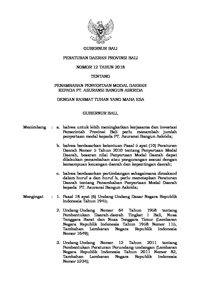 Peraturan Daerah Provinsi Bali No 12 tahun 2018 tentang Penambahan Penyertaan Modal Daerah Kepada PT. Asuransi Bangun Askrida