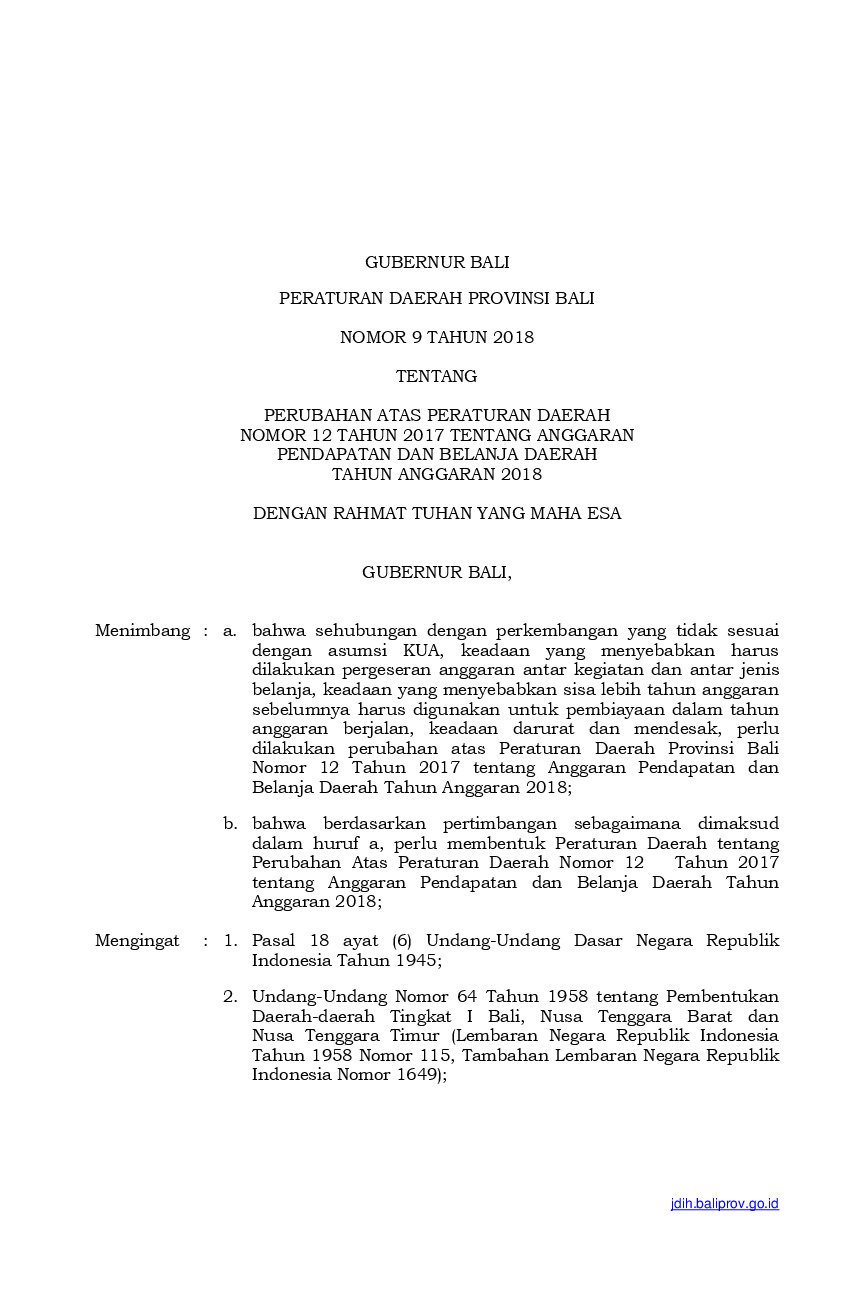 Peraturan Daerah Provinsi Bali No 9 tahun 2018 tentang Perubahan Atas Peraturan Daerah Nomor 12 Tahun 2017 Tentang Anggaran Pendapatan Dan Belanja Daerah Tahun Anggaran 2018