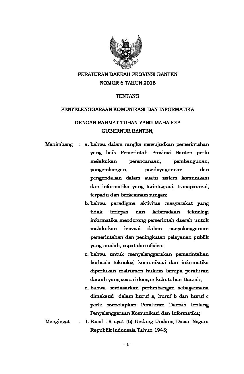 Peraturan Daerah Provinsi Banten No 6 tahun 2018 tentang Penyelenggaraan Komunikasi Dan Informatika