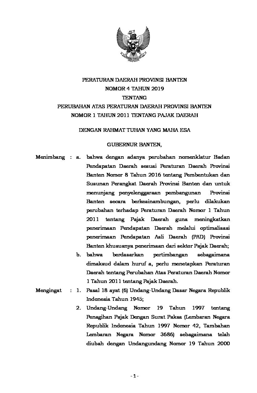 Peraturan Daerah Provinsi Banten No 4 tahun 2019 tentang Perubahan Atas Peraturan Daerah Provinsi Banten Nomor 1 Tahun 2011 Tentang Pajak Daerah