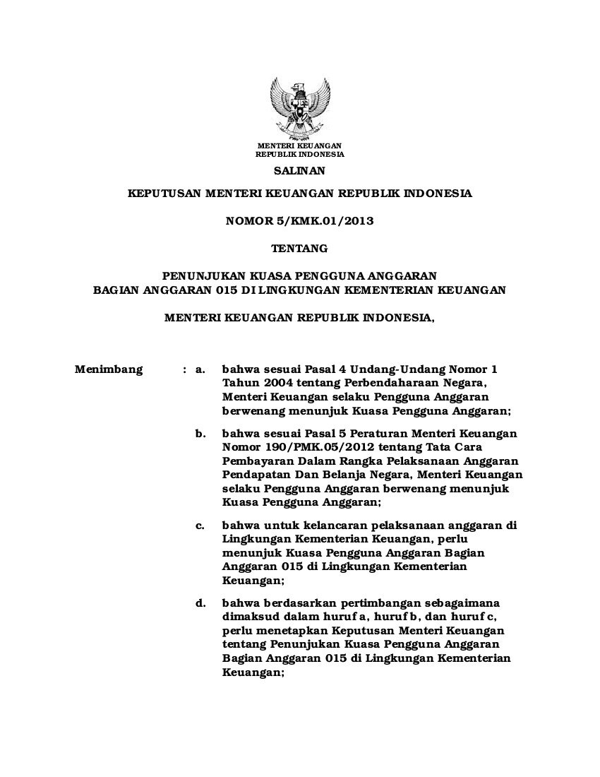 Keputusan Menteri Keuangan No 5/KMK.1/2013 Tahun 2013 Tentang ...