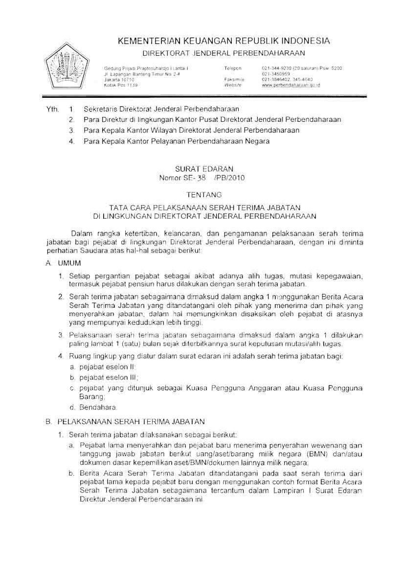 Surat Edaran Dirjen Perbendaharaan No SE-38/PB/2010 Tahun 2010 Tentang ...