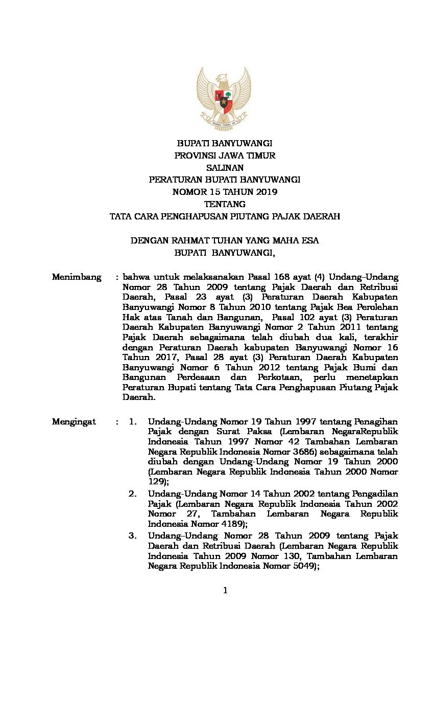 Peraturan Bupati Banyuwangi No 15 tahun 2019 tentang Tata Cara Penghapusan Piutang Pajak Daerah