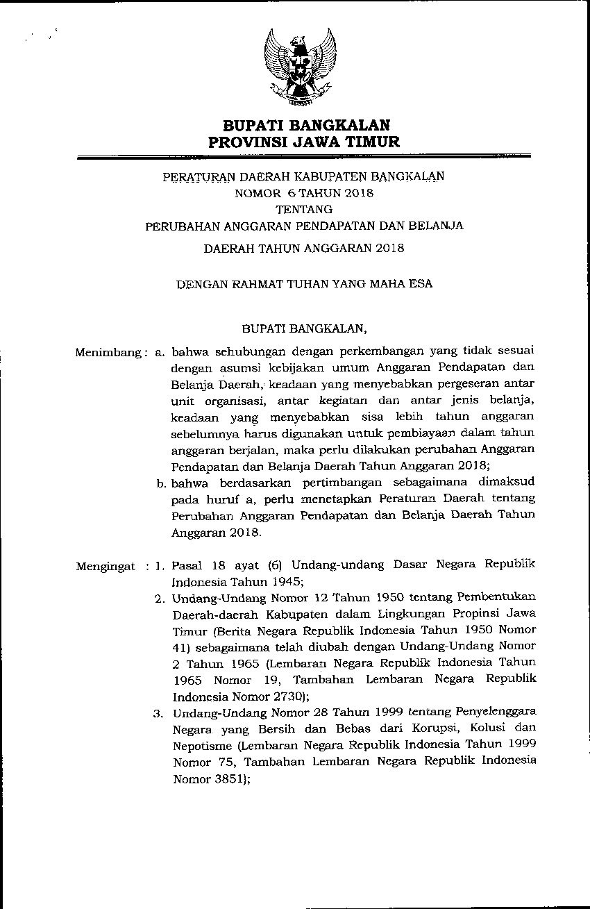Peraturan Daerah Kabupaten Bangkalan No 6 tahun 2018 tentang Perubahan Anggaran Pendapatan dan Belanja Daerah Tahun Anggaran 2018