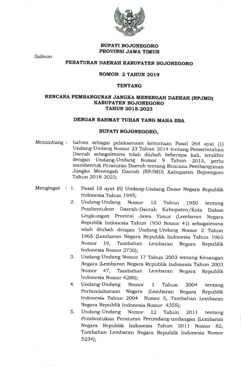 Peraturan Daerah Kab. Bojonegoro No 2 tahun 2019 tentang Rencana Pembangunan Jangka Menengah Daerah (RPJMD) Kabupaten Bojonegoro Tahun 2018-2023