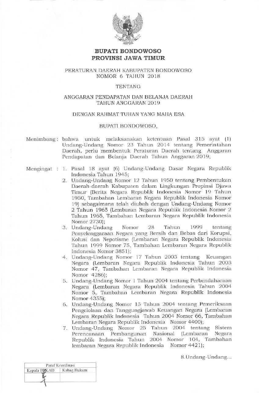 Peraturan Daerah Kabupaten Bondowoso No 6 tahun 2018 tentang Anggaran Pendapatan dan Belanja Daerah Tahun Anggaran 2019