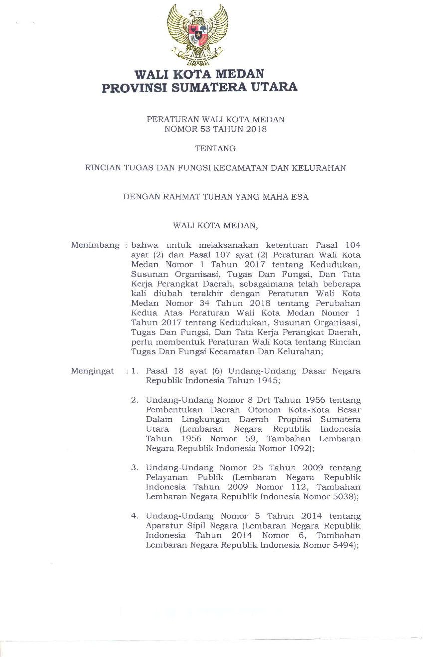Peraturan Walikota Medan No 53 tahun 2018 tentang Rincian Tugas dan Fungsi Kecamatan dan Kelurahan