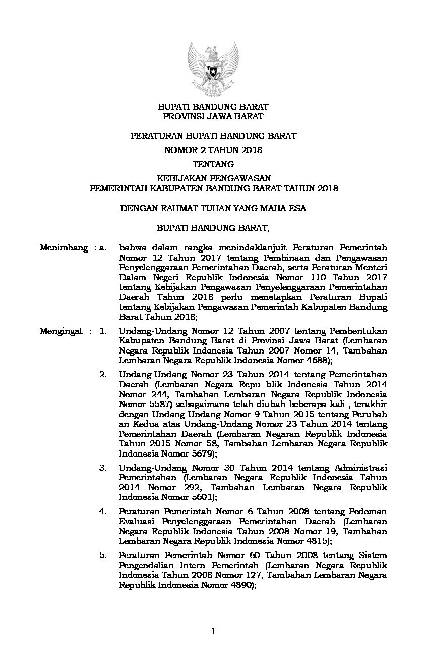 Peraturan Bupati Bandung Barat No 2 tahun 2018 tentang Kebijakan Pengawasan Pemerintah Kabupaten Bandung Barat Tahun 2018