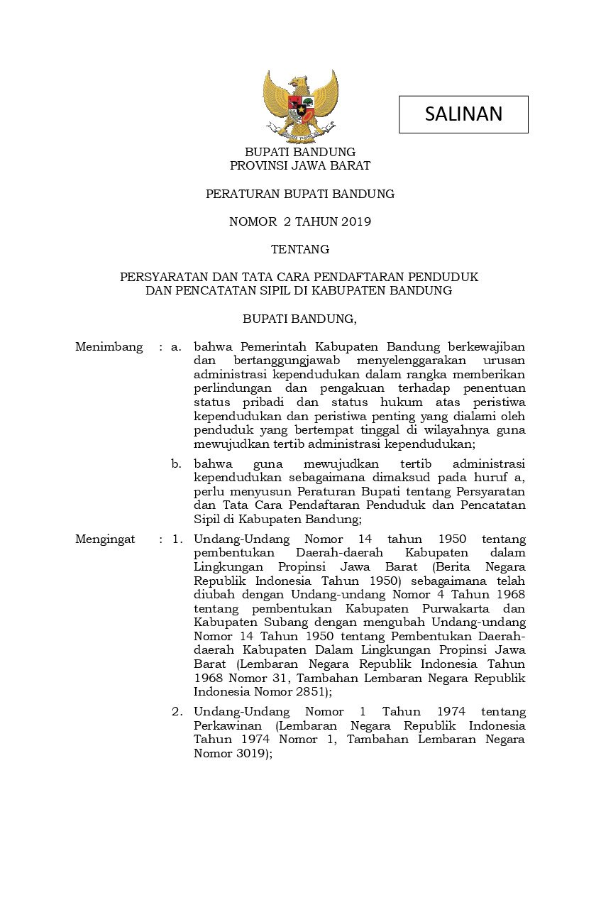 Peraturan Bupati Bandung No 2 tahun 2019 tentang Persyaratan dan Tata Cara Pendaftaran Penduduk dan Pencatatan Sipil di Kabupaten Bandung