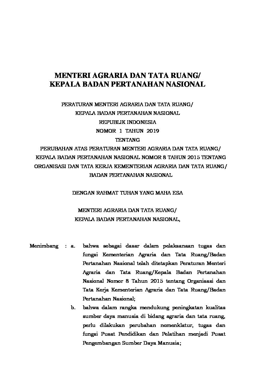 Peraturan Kepala Badan Pertanahan Nasional No 1 Tahun 2019 Tentang ...