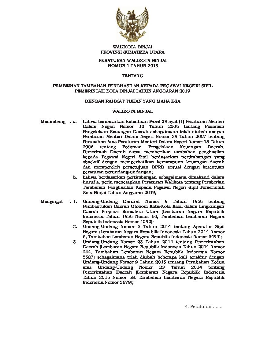 Peraturan Walikota Binjai No 1 tahun 2019 tentang Pemberian Tambahan Penghasilan Kepada Pegawai Negeri Sipil Pemerintah Kota Binjai Tahun Anggaran 2019
