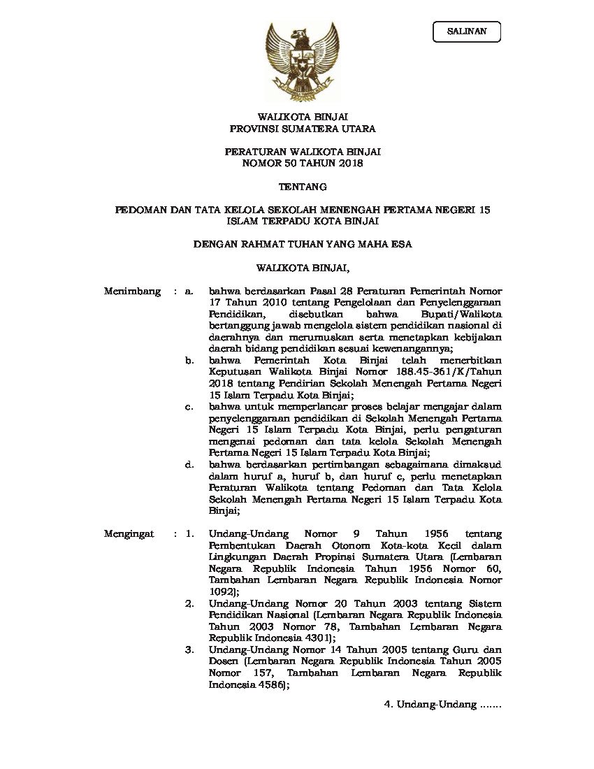 Peraturan Walikota Binjai No 50 tahun 2018 tentang Pedoman dan Tata Kelola Sekolah Menengah Pertama Negeri 15 Islam Terpadu Kota Binjai