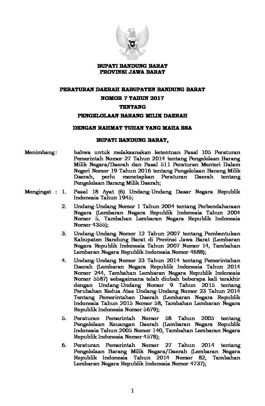 Peraturan Daerah Kab. Bandung Barat No 7 tahun 2017 tentang Pengelolaan Barang Milik Daerah