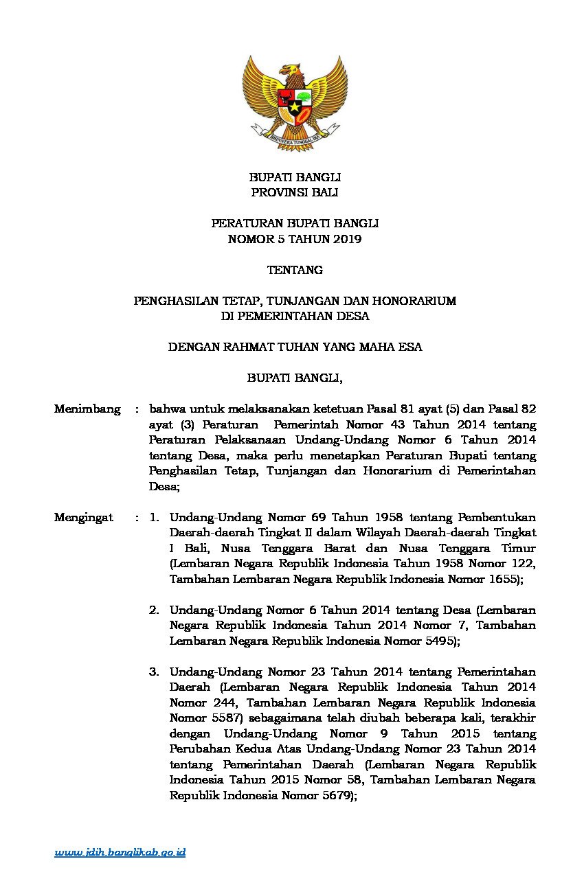 Peraturan Bupati Bangli No 5 tahun 2019 tentang Penghasilan Tetap, Tunjangan dan Honorarium di Pemerintahan Desa