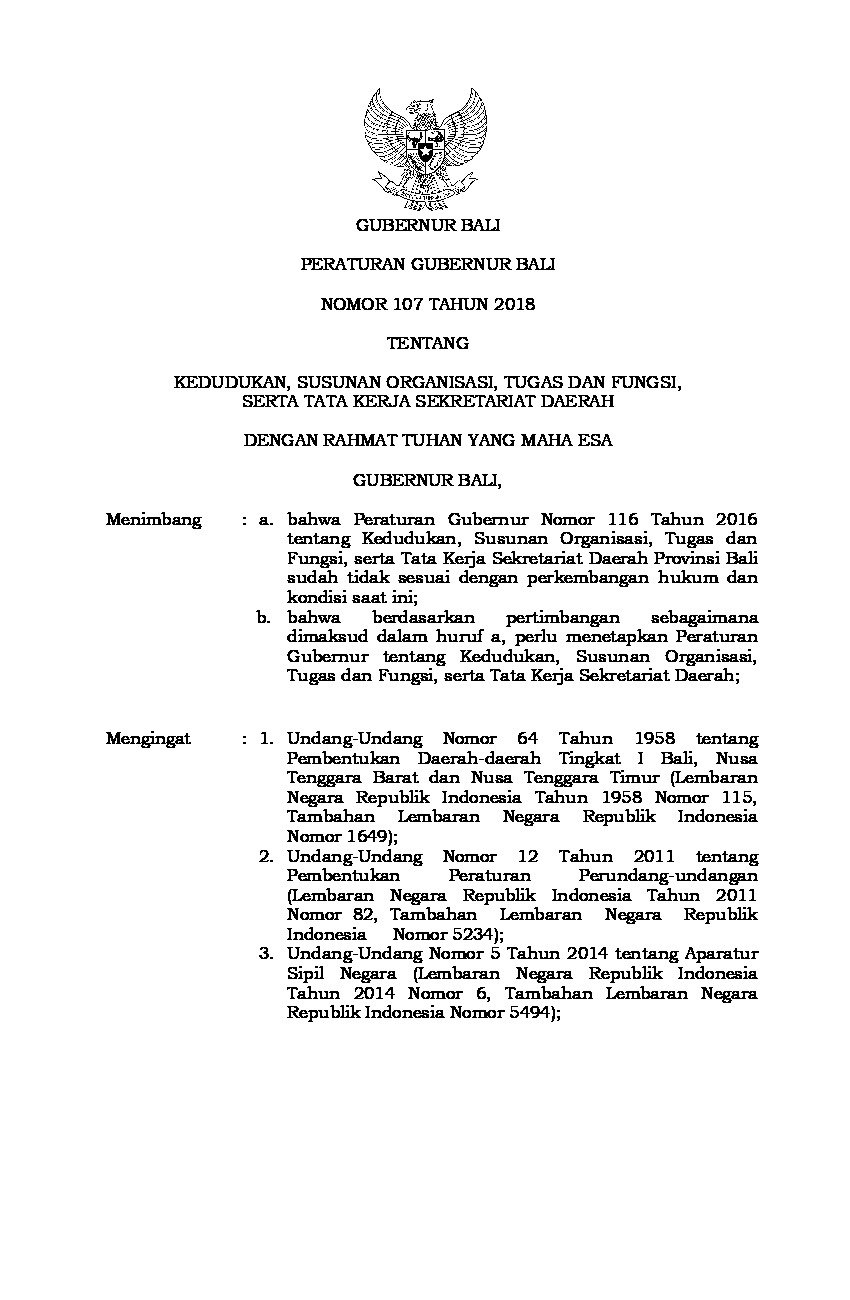 Peraturan Gubernur Bali No 107 tahun 2018 tentang Kedudukan, Susunan Organisasi, Tugas dan Fungsi, Serta Tata Kerja Sekretariat Daerah