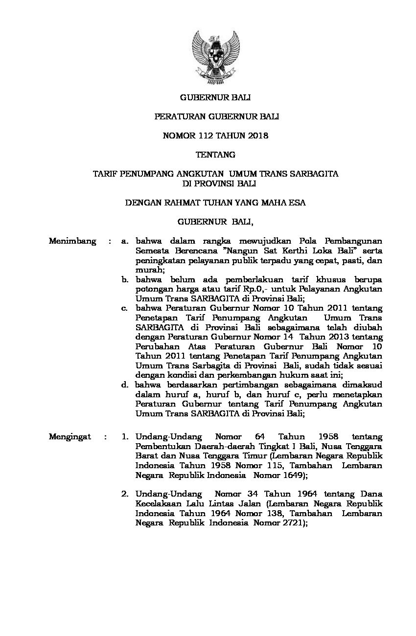 Peraturan Gubernur Bali No 112 tahun 2018 tentang Tarif Penumpang Angkutan Umum Trans Sarbagita di Provinsi Bali