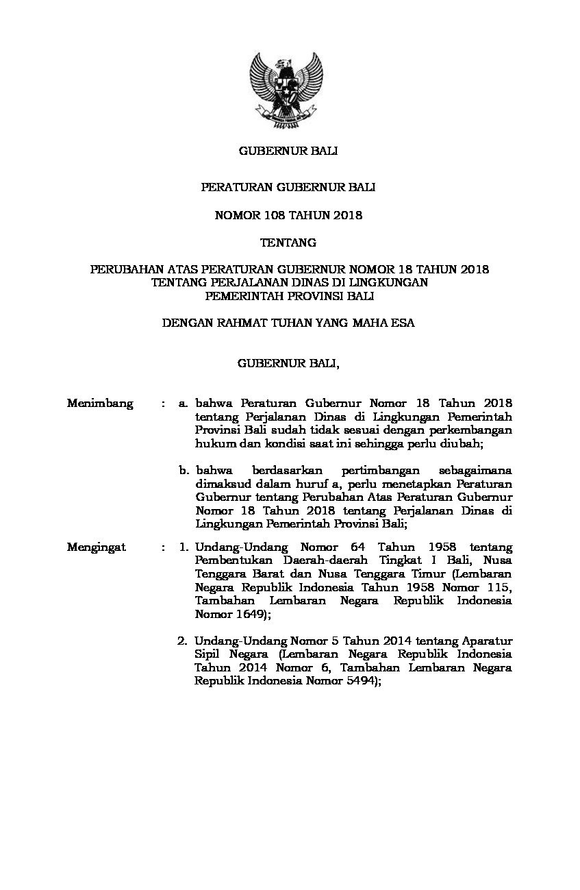 Peraturan Gubernur Bali No 108 tahun 2018 tentang Perubahan atas Peraturan Gubernur Nomor 18 Tahun 2018 tentang Perjalanan Dinas di Lingkungan Pemerintah Provinsi Bali