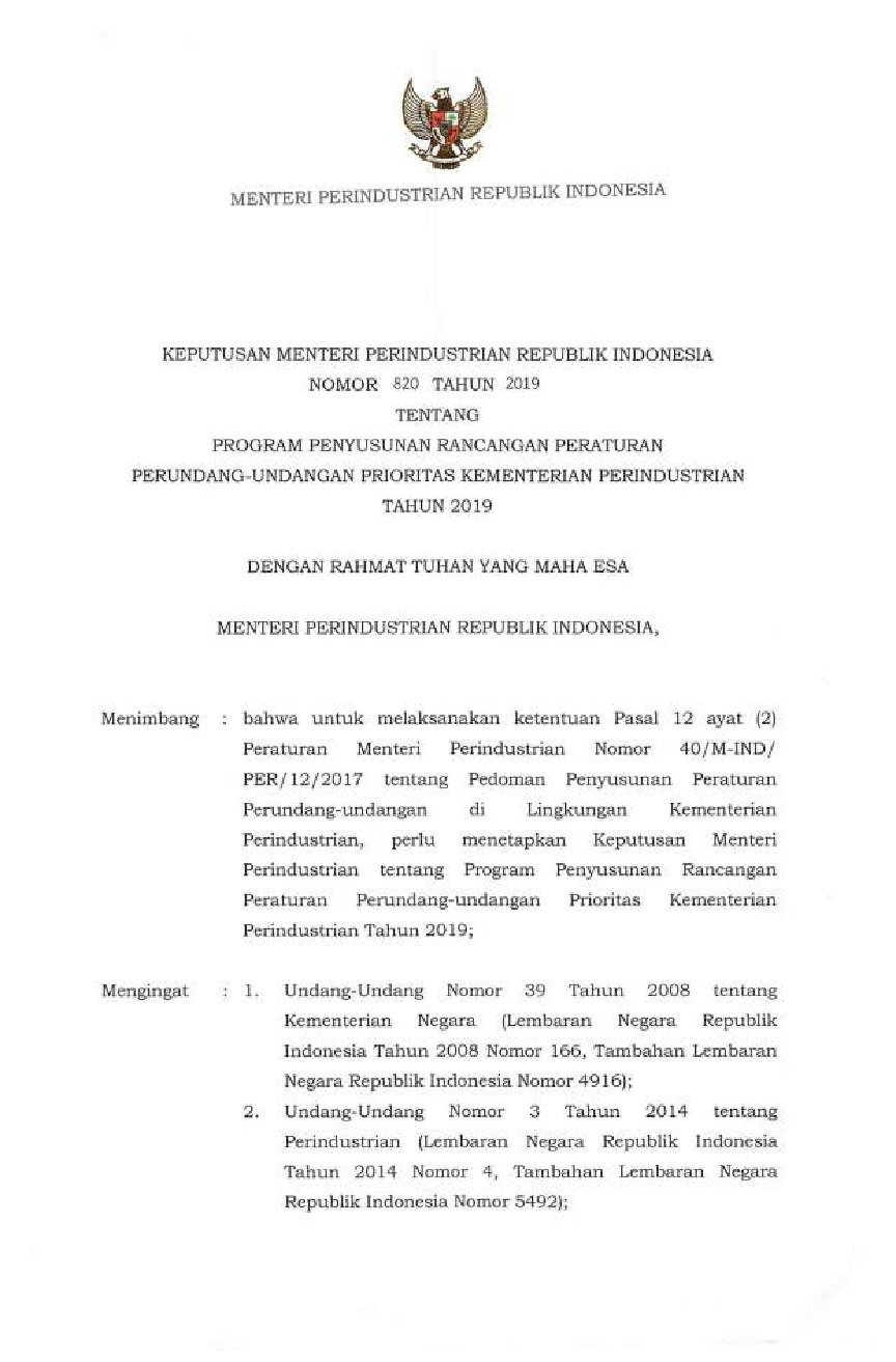Keputusan Menteri Perindustrian No 820 tahun 2019 tentang Program Penyusunan Rancangan Peraturan Perundang-Undangan Prioritas Kementerian Perindustrian Tahun 2019