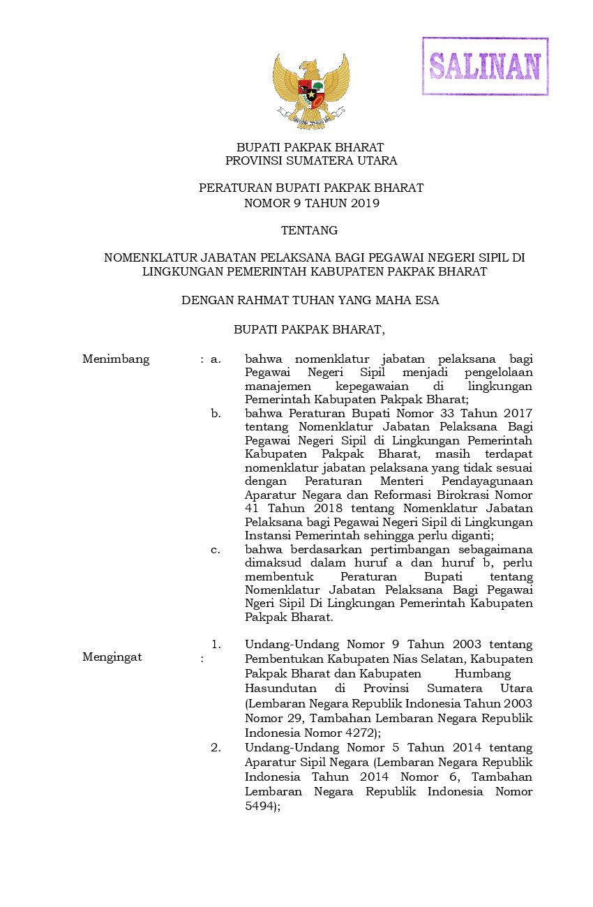Peraturan Bupati Phakpak Bharat No 9 tahun 2019 tentang Nomenklatur Jabatan Pelaksana bagi Pegawai Negeri Sipil di Lingkungan Pemerintah Kabupaten Pakpak Bharat