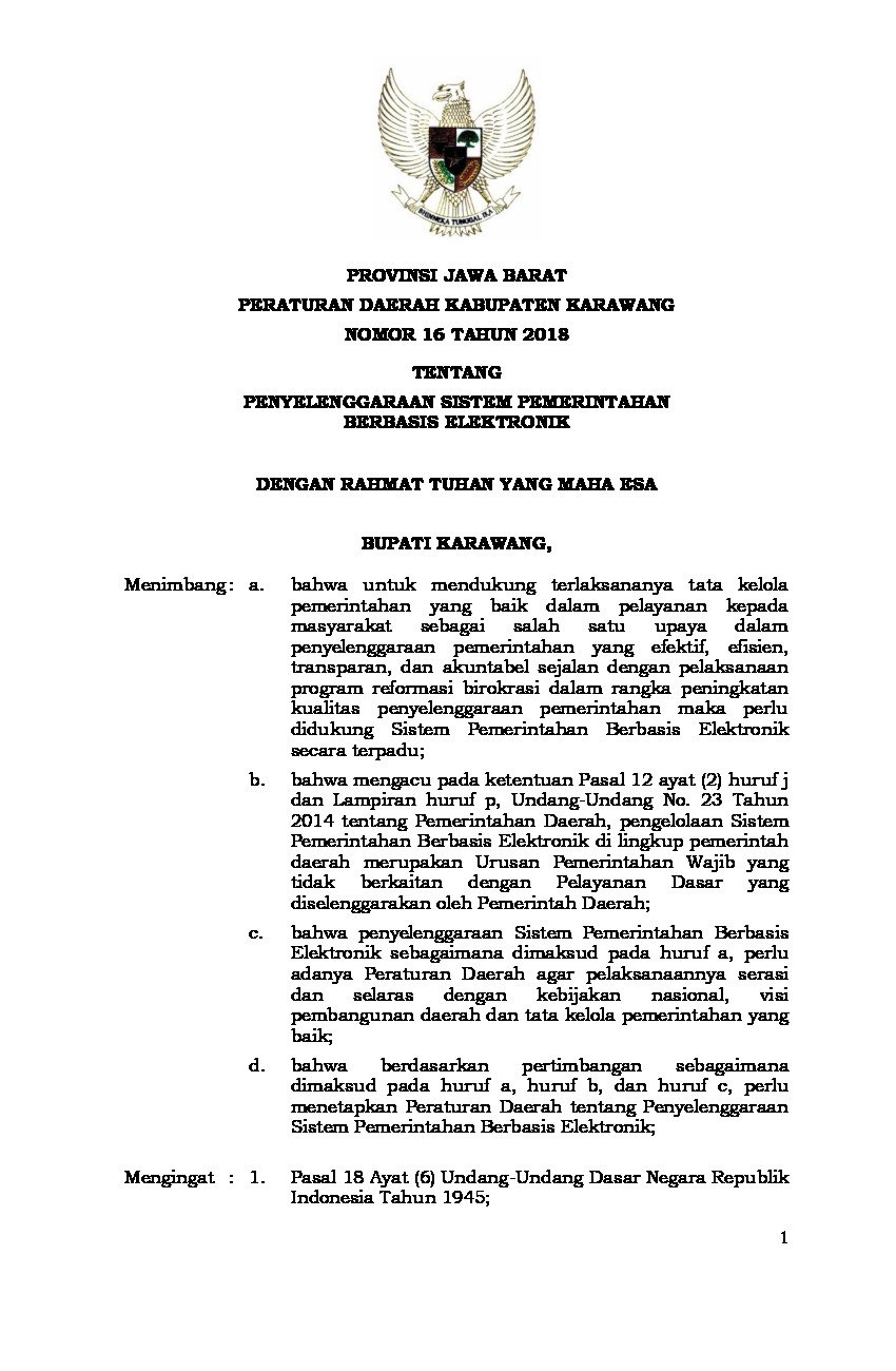 Peraturan Daerah Kab. Karawang No 16 tahun 2018 tentang Penyelenggaraan Sistem Pemerintahan Berbasis Elektronik